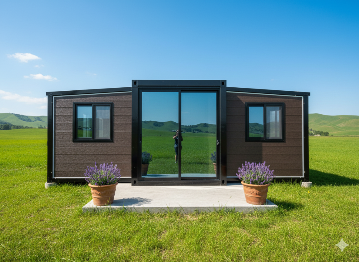 Casa contenedor blanca y negra en jardín Uruguay